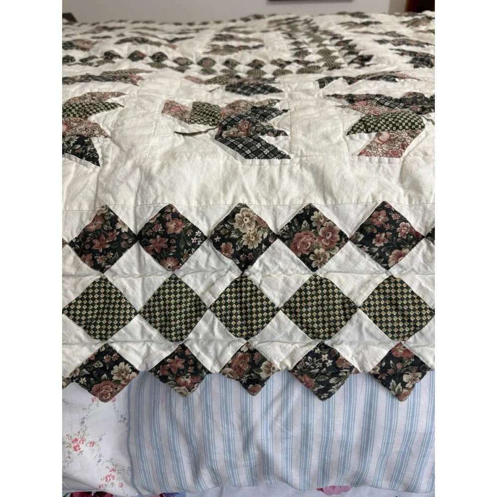 Vtn Handmade Quilt Full Leaves 100% Cotton Cream Sage With Two Shams 76
